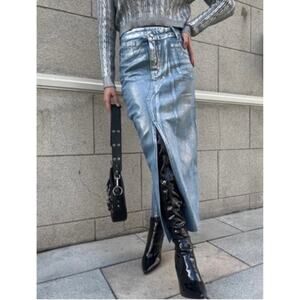 Zara Metallic Denim Skirt Coated Silver Maxi Asymmetric w/ Slit Futuristic NWT S